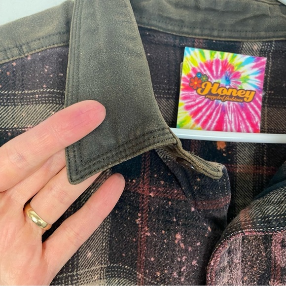 Handmade Floral Flannel Shirt Shacket Womens Plus XXL Bleached Plaid Button Down - Picture 4 of 13